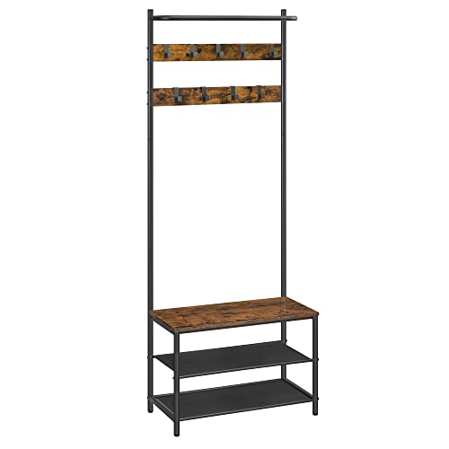 VASAGLE Garderobenständer, Garderobe mit Schuhbank, Kleiderständer, Kleiderstange, 9 abnehmbare Haken, 32,2 x 64 x 180 cm, Industrie-Stil, für Flur Schlafzimmer, vintagebraun-schwarz HSR411B01