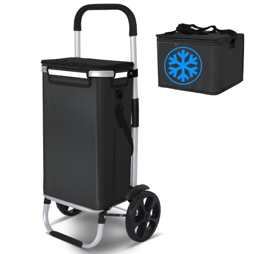 VOUNOT® Einkaufstrolley Klappbar aus Aluminium mit 58L Wasserdichter Tasche und Kühlfach, 2 Extra große Räder mit Schutzblech, Faltbarer Einkaufswagen, Treppensteiger Trolley, Schwarz