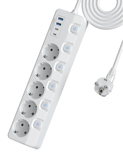 5 Fach Steckdosenleiste mit 4 USB Schnellladung,KEPLUG Steckerleiste ¨¹berspannungsschutz einzeln schaltbar,Mehrfachsteckdose Flachstecker mit Schalter wandmontage Haltbarkeit, B¨¹ro,k¨¹Che,Tisch