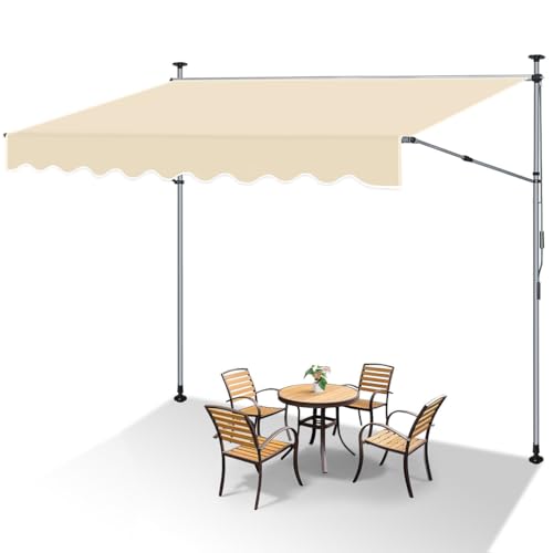 Ikodm Klemmmarkise 350cm Breit mit Handkurbel, Balkonmarkise ohne Bohren, Markise mit Verlängerten Einziehbaren Seitenstangen, UV-beständig höhenverstellbar Sonnenschutz, Beige