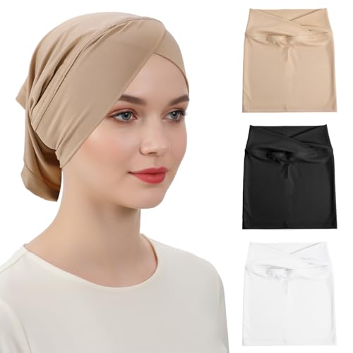 Yolev 3 Stück Women Muslim Hijab Kopftuch, Abaya Damen Einfarbig Dehnbar mit Unterhaube Abaya Gebetskleidung, Islamische Kopftücher Kleidung Für Ramadan