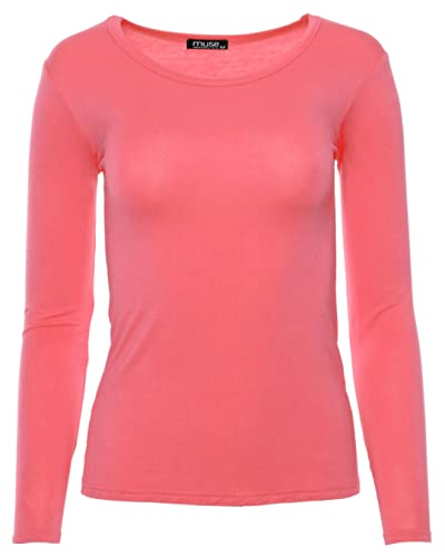 Easy Young Fashion - Damen Basic Rundhals Shirt - Langarm Unterziehshirt - Skinny Fit 1093 - Koralle M