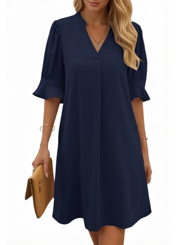 Cicy Bell Damen Sommerkleid Elegant Halbarm Hemdkleid V Ausschnitt Party Kleider Freizeitkleider Einfarbig Midikleid Casual A Linien Kurzes Kleid Dunkelblau XL