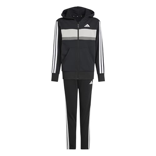 adidas Unisex Kids SEASONAL ESSENTIALS TIBERIO 3 STRIPES FLEECE TRACKSUIT, black/white/grey two, 13-14 Years