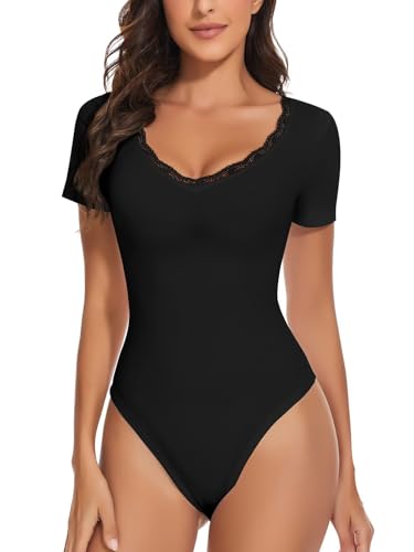 WOWENY Damen Body Spitze Elegant Kurzarm V-ausschnitt Bodies Sexy Bodysuit Short Sleeve Oberteil Tops Tshirt für Frauen(Schwarz, L)