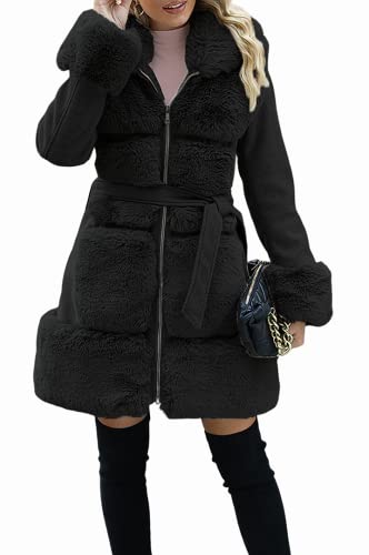 Giolshon Damen Langer Pelzjacke aus Kunstwollmischung mit Gürtel Gepolsterter Bubble Parka Mantel Isolierte Sherpa Fleece Oberbekleidung 241A Schwarz M