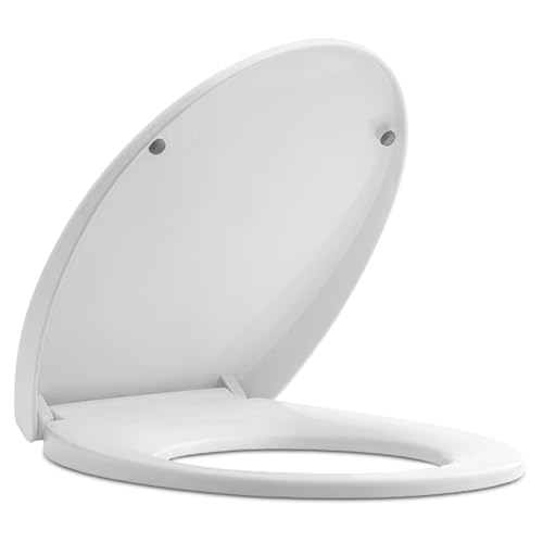 TOREOKO Toilettendeckel O-Form Weiß 45,5x38cm, WC Sitz Oval mit Verstellbaren Scharnieren, Klodeckel Schnellverschluss Demontage, Klobrille Toilettensitz Universal für Standard Toiletten