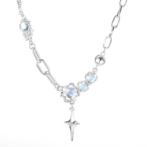 Y2k Mondstein Kette,Mabor Unregelmäßige Halskette Y2k Accessoires Grunge Necklace Silver Halsband Kette Metall Vintage Schmuck Kreuz Stern Aesthetic Necklace Mädchen Frauen Gothic Schmuck