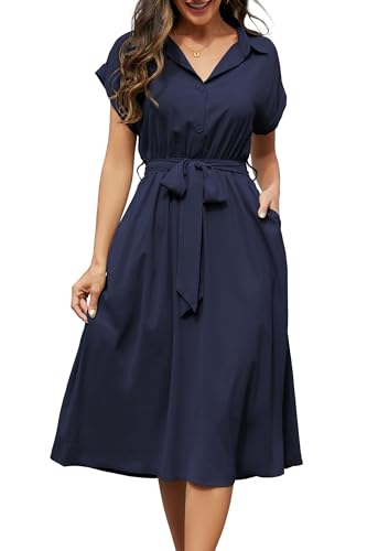 Cassiecy Sommerkleid Damen Knielang Kurzarm Blusenkleid Elegant V-Ausschnitt Midikleid Casual Wickelkleid Strandkleid mit Taschen(XXL,Marineblau)