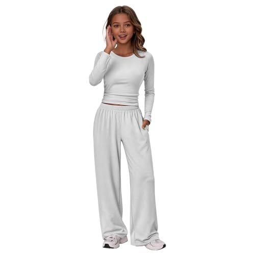 Baggy Lässig Jogginganzug Mädchen Zweiteilig Weitem Bein Mode Jogginghose und Langarm Pullover Set Kinder Sport Trainingsanzug Teenager Sommer Outfit Coole Sachen Für Mädchen (White, 10-11 Years)