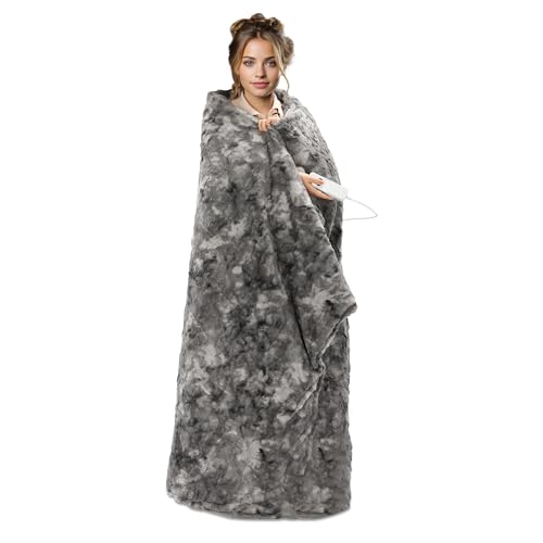 Navaris XXL Elektrische Wärme Heizdecke - 180x130cm 3 Wärmestufen Abschaltautomatik waschbar - Kuschelige Bett Wärmedecke - Grau Weiß mit Kunstfell