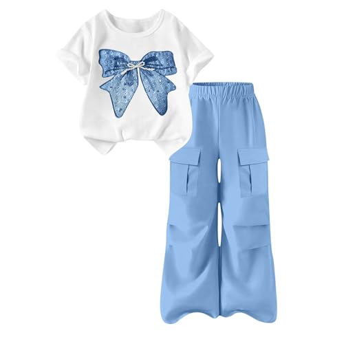 KODMNSW Jogginganzug Mädchen Sommer Outfit 2-Teiliges T-Shirt mit Cargo Jogginghose Set Modische Freizeitanzug Sportanzug Kinder Sommerkleidung Einfarbiges Mädchenbekleidung Blau 150