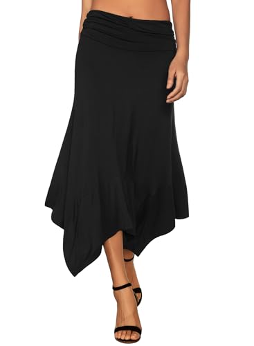 DJT Damen Elastisch Plissierte Taille Elegant Rock A-Linie Faltenrock Midi Rock mit Taschentuch Saum Schwarz XL