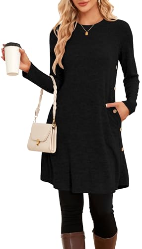 NARRAME Winter-Pullover-Kleider für Damen, Midi-Langarm, kausale Knöpfe, seitliches Tunika-Kleid mit Taschen, Mittelschwarz