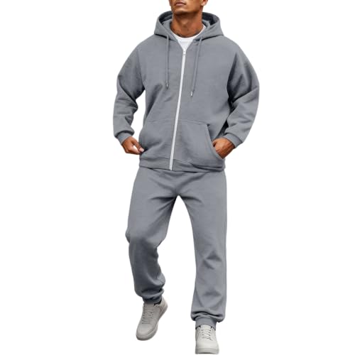jogginganzug herren baumwolle, Jogginganzug Herren Baumwolle Sportanzug Jogging Anzug Set 2-Teilig Reißverschluss Sweatshirt und Jogginghose Zweiteiler Freizeitanzug Casual Y2K Hausanzug, Hellgrau, L