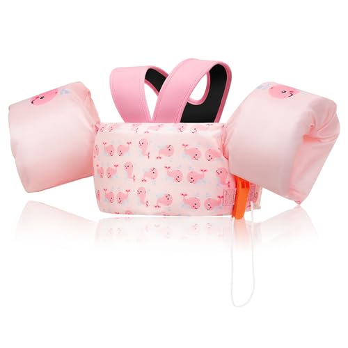 MoKo Kinder Schwimmflügel, Cartoon Schwimmjacke mit Y-förmigem Design, Sicherheitsgurte & Notfallpfeife Für Jungen & Mädchen 9-22,6 KG, Rosa Whale