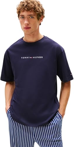 Tommy Hilfiger Herren T-Shirt Kurzarm Logo mit Rundhalsausschnitt, Blau (Desert Sky), L