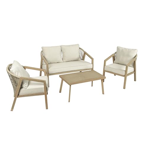 Koll Living Lounge-Set Amber | Outdoor Sitzgruppe mit Gartensofa, Gartensesseln & Tisch | Stahlgestellt in Holzoptik | Wetterfest & UV-beständig | Mix & Match Gartenlounge Beige/Braun