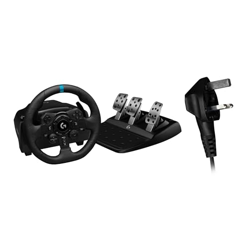 Logitech G923 TRUEFORCE Gaming Rennlenkrad mit Pedalen, Kraftrückkopplung bis 1000 Hz, Reaktionsschnellem Pedal, Doppelkupplungssystem, Echtleder Lenkrad, für PS5, PS4 & PC, UK-Stecker - Schwarz