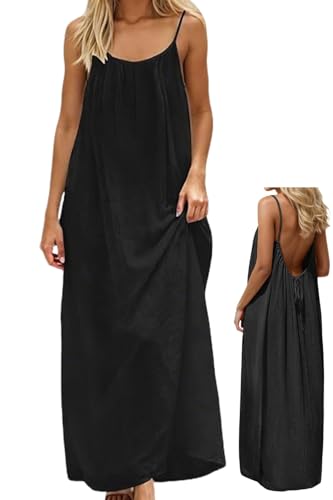 makabaky Sommerkleid Damen Lang Leinen Strandkleider Rückenfrei mit Kordelzug | Bequemes Maxikleid mit Spaghettiträger für Lounge, Urlaub & Freizeit