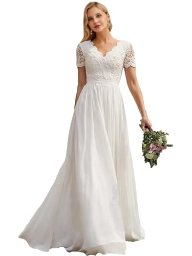 JAEDEN Vintage Brautkleid mit Ärmel Boho Hochzeitskleider Schlicht Standesamt Braut Kleider Weiß 46