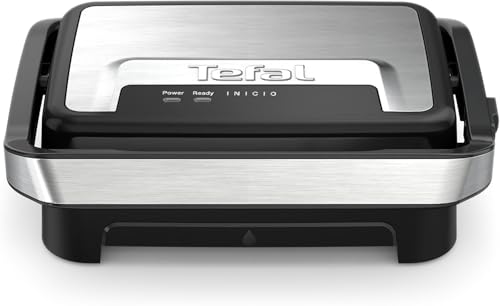 Tefal Inicio Compact 2-in-1 Kontakt- und Paninigrill, 1000 W, kompaktes Design, Edelstahlgehäuse, Saftauffangschale, antihaftbeschichtete Grillplatten, Edelstahl/Schwarz, GC270D10