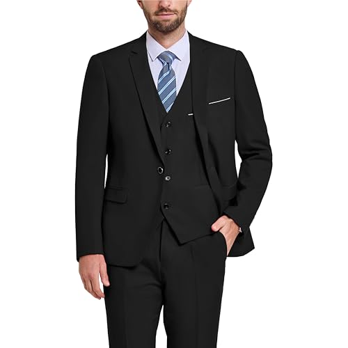 Hihawk Herren 3 Stück Anzug mit Stretch Stoff Solide Slim Fit EIN-Knopf Anzug Blazer Set Jacke Weste Hose mit Krawatte, Schwarz, L