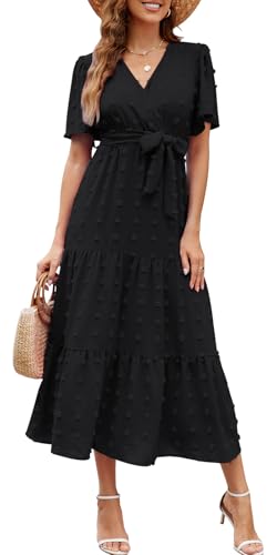 Wantonfy Sommerkleid Damen Freizeitkleider Elegant V Ausschnitt Strandkleid Midikleid Kurzarm A Linie Cocktailkleid