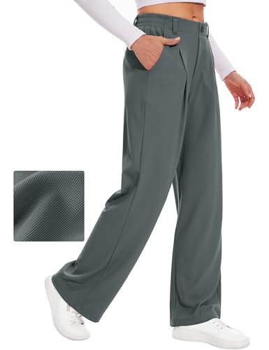 Desol Damen Palazzo Hose Waffel Lang Sommerhose mit Taschen High Waist Hose Damen Weite Grau XL