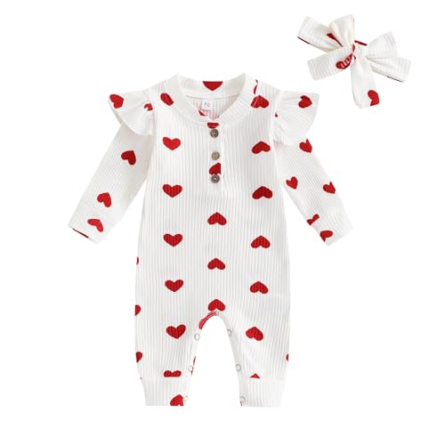 Geagodelia Baby Mädchen Strampler Overall Herz Bogen Outfit Kleidung Babykleidung Neugeborene Weiche Jumpsuit Babystrampler Valentinstag (Herz - Weiß, 0-3 Monate)