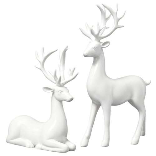 Pipihome 2 Stück Weiß Weihnachtsdeko Rentier Figuren, Hirsch Skulptur Winter Weihnachten Deko Innen Tiere Figuren, Weihnachts Deko Modern für Tisch, Wohnzimmer, Küche, Fensterbank