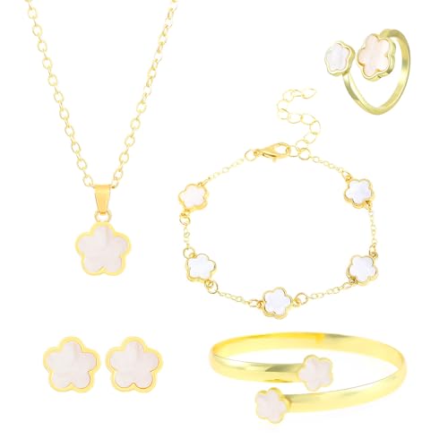 FDEETY Schmuckset Verstellbar Legierung Blumenschmuck mit Ohrringe Halskette Armband Ring Anhänger Party Schmuck Set für Frauen und Mädchen(WeiB)