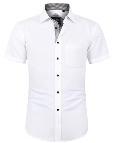 J.VER Herren Hemd Kurzarm Freizeithemd mit Tasche Regular fit Businesshemd Bügelleichte Oberteile Männer Modern, Weiß Schwarz, XL