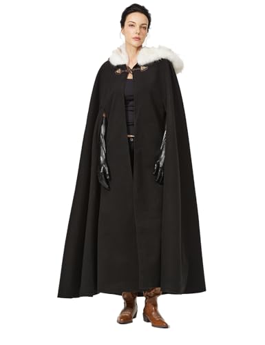 BEAUTELICATE Damen Umhang Mantel mit Kunstfell Kapuze Retro Wollmischung Poncho Cape Lang für Mittelalter Renaissance Cosplay Pelzmantel Hochzeit Brautjacke Winter (Schwarz - 140cm,Einheitsgröße)