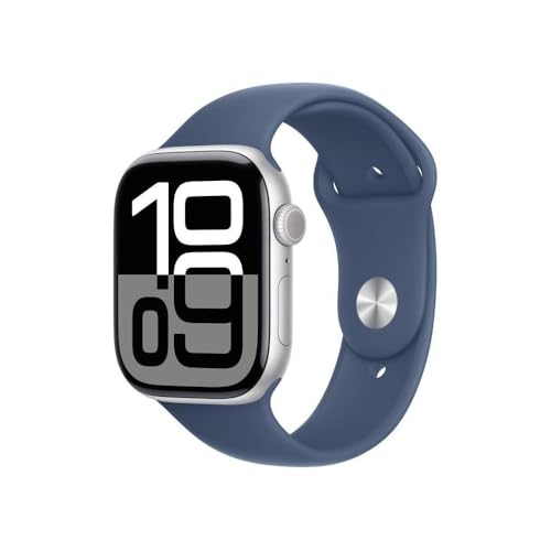 Apple Watch Series 10 (GPS + Cellular 46 mm) Smartwatch mit Aluminiumgehäuse in Silber und Sportarmband in Denim (S/M). Fitnesstracker, EKG App, Always-On Retina Display, Wasserschutz