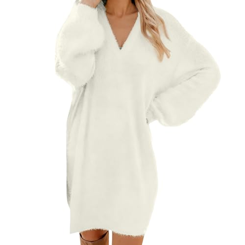 Generisch Pullover Kleid Damen, Strickkleid Damen V Ausschnitt Pulloverkleid Einfarbig Oversize Strickkleider Langarm Casual Freizeitkleider Bequeme Winterkleid Warmer Herbst Winter