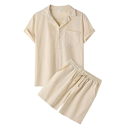Celucke Zweiteiler Herren Leinenanzug Sommer Freizeitanzug Einfarbig 2-teilig Kurzarm Button-Up Revers Hemd und Shorts Beach Shirt Kurze Hose Set Baumwolle Leinen Anzug(Khaki,L)