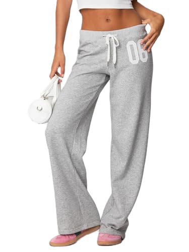 Felcia Y2K Damen-Sweathose mit weitem Bein, elastische Taille, Jogger, aktive gestreifte Trainingshose, Streetwear, A-grau, S