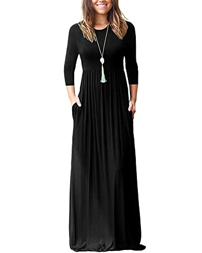 WNEEDU Maxikleid Damen Frühling Sommer Langarm 3/4 Ärmel A Linie Kleid Lang Elegant mit Taschen Curvy Lässige Herbstkleid Winterkleid Schwarz M