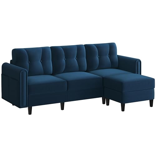 Yaheetech Ecksofa 3-Sitzer Sofa mit Polsterhocker aus Samtstoff Eckcouch in L-Form Rechts/Links fürs Wohnzimmer/Schlafzimmer/Wohnung, Blau