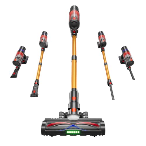 Akku Staubsauger Kabellos 650W 55KPa, 75Min Laufzeit, Selbststehend Akkustaubsauger, 8-in-1 Leichtes Handstaubsauger mit Grünes LED-Licht & Anti-Tangle-Bürste, für Tierhaare Teppiche Hartböden Auto