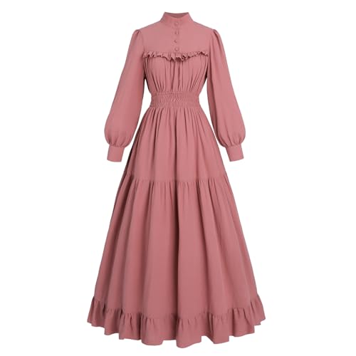 Fiamll Viktorianisches Kleid Renaissance Maxikleid Ballkleid Langarm Mittelalter Kleidung Damen Vintage Edwardianisches Kleid Abendkleid Elegant Freizeitkleider Rot L