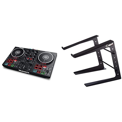 Numark Party Mix II – DJ Controller Pult mit 2 Decks, eingebauten DJ-Lichtern & DJ-Mixer; unterstützt direktes Streaming von TIDAL, SoundCloud u. mehr & ah Stands SLT001E Laptopständer, schwarz