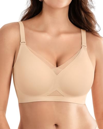 SHARICCA Damen BH ohne Bügel Push-Up Spitzen-BH Nahtloser T-Shirt BH mit Vollbügel Weicher Wireless Bralette Atmungsaktiv für Alltag Schlaf,Hautfarben,L