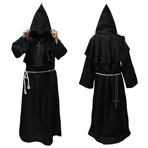 Faburo Robe Mönch Kostüm Herren mit Kapuze und Kreuz, Mönch Priester Kostüm Gewand Mittelalter Renaissance für Halloween Karneval, Hooded Mönchskutte Halloween-Kostüm Herren Cosplay Mönchskostüm (XL)