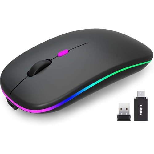 Wowssyo Maus Kabellos, 2,4 GHz-USB funkmaus, Bluetooth Maus, 1600 DPI Optical Tracking, Wiederaufladbare LED-Dual-Modus Mouse für Laptop, PC, iOS, Android, iPad, Windows