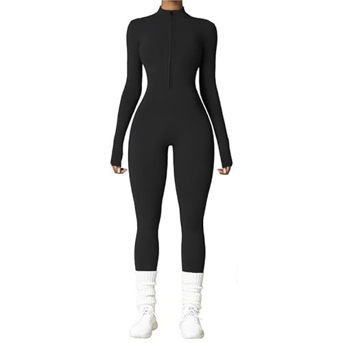 Vmhkjo Jumpsuit Damen Lang Eng Thermo Langarm Reißverschluss Overall Einteiler Yoga Bodycon Bodysuit Slim Fit Warm Gefütterte Ganzkörperanzug,Schwarz,M