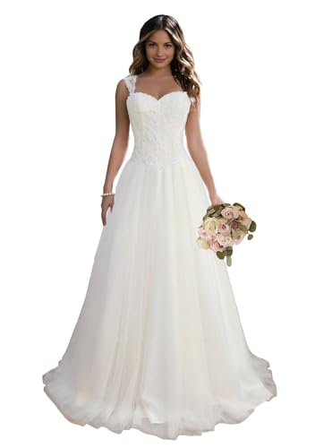 JAEDEN Brautkleid Hochzeitskleider Lang Prinzessin Brautmode Tüll Herzausschnitt A-Linie Weiß 48