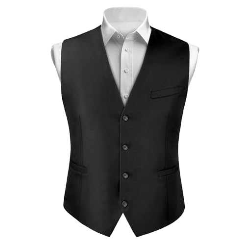 BSBUY Herren Weste Casual Anzugweste Regular mit 2 Taschen Mens V-Ausschnitt Weste Anzug Volltonfarbe Vintage Classic Gothic Weste Anzug Set für Formale Business Hochzeit Party Groomsmen Schwarz L