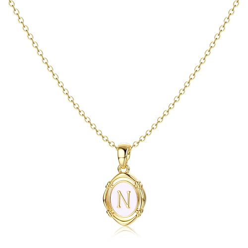 BodyBonita Kette mit Buchstabe - Oval Halskette Damen 14 Karat Vergoldeter Initialen Halskette Goldkette Kette Mit Namen, Exquisit Anhänger A-Z Namenskette Personalisierte für Damen